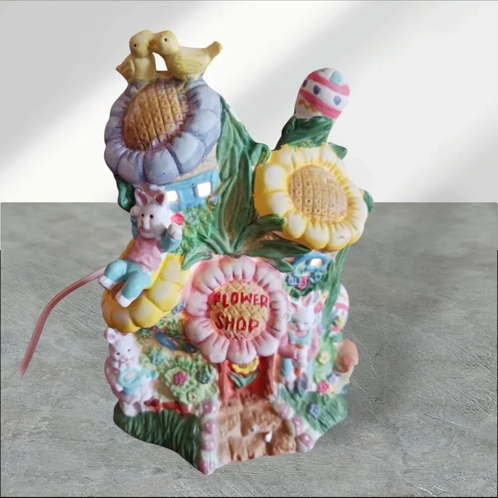 Cottontale Cottage Lighted Porcelain Bunny Flower Shop Figurine